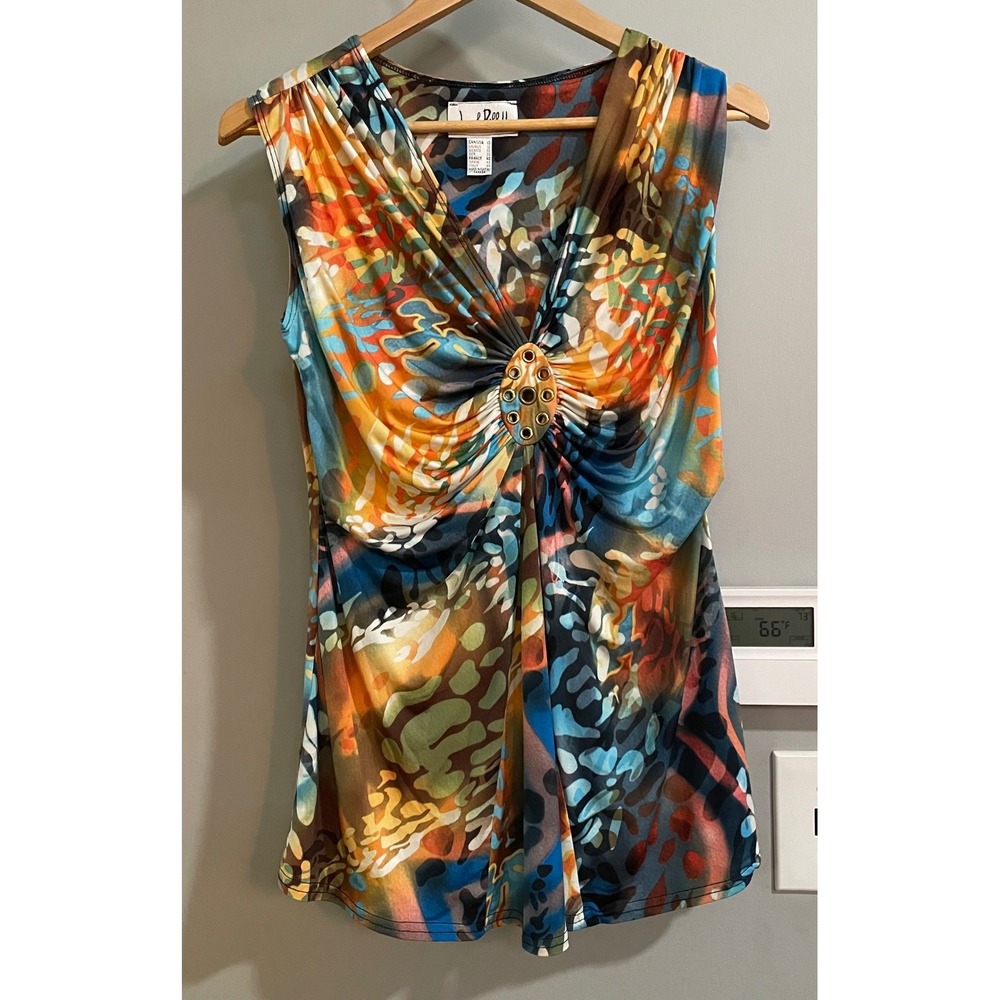 Joseph Ribkoff Blouse Womens 10 Multi Abstract Print Ruched Grommet Top 3799